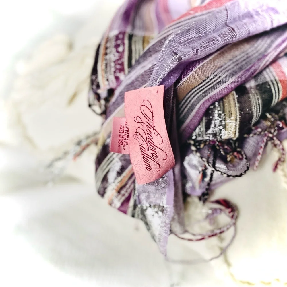 THEODORA & CALLUM | OS | Multi Monaco Metallic Purple Silver Fringe Stripe Scarf